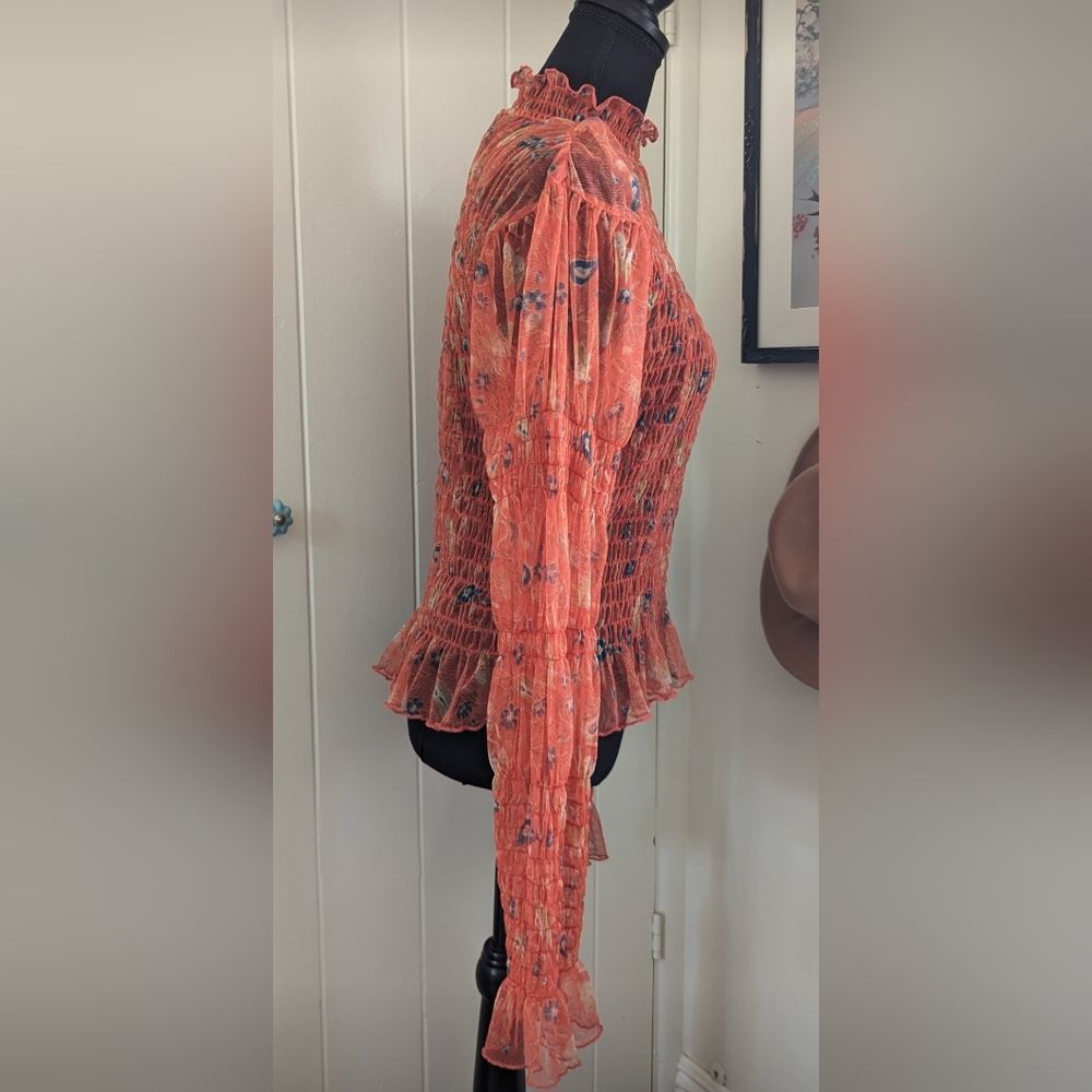 Free People Floral Shirred Mesh Bell Sleeve Fairycore Hippie Rock Top XL - Picture 7 of 14